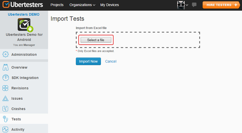 Test case import - Click on ‘Select a file’ to select the file for import