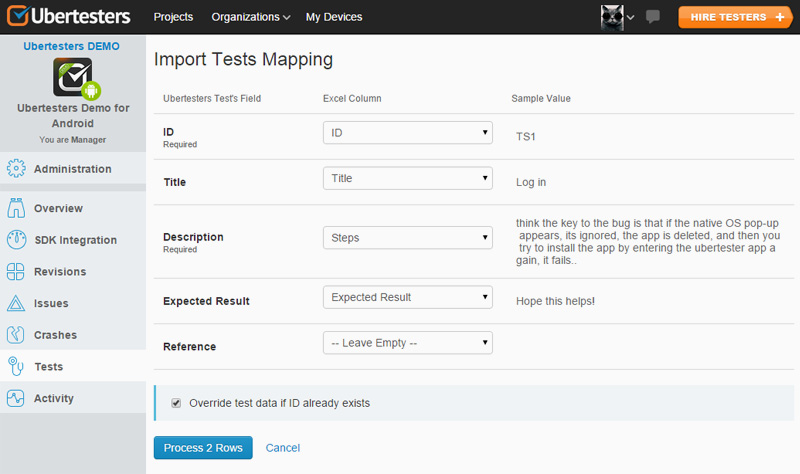 Test case import - Click on ‘Process Rows’ button to import the file